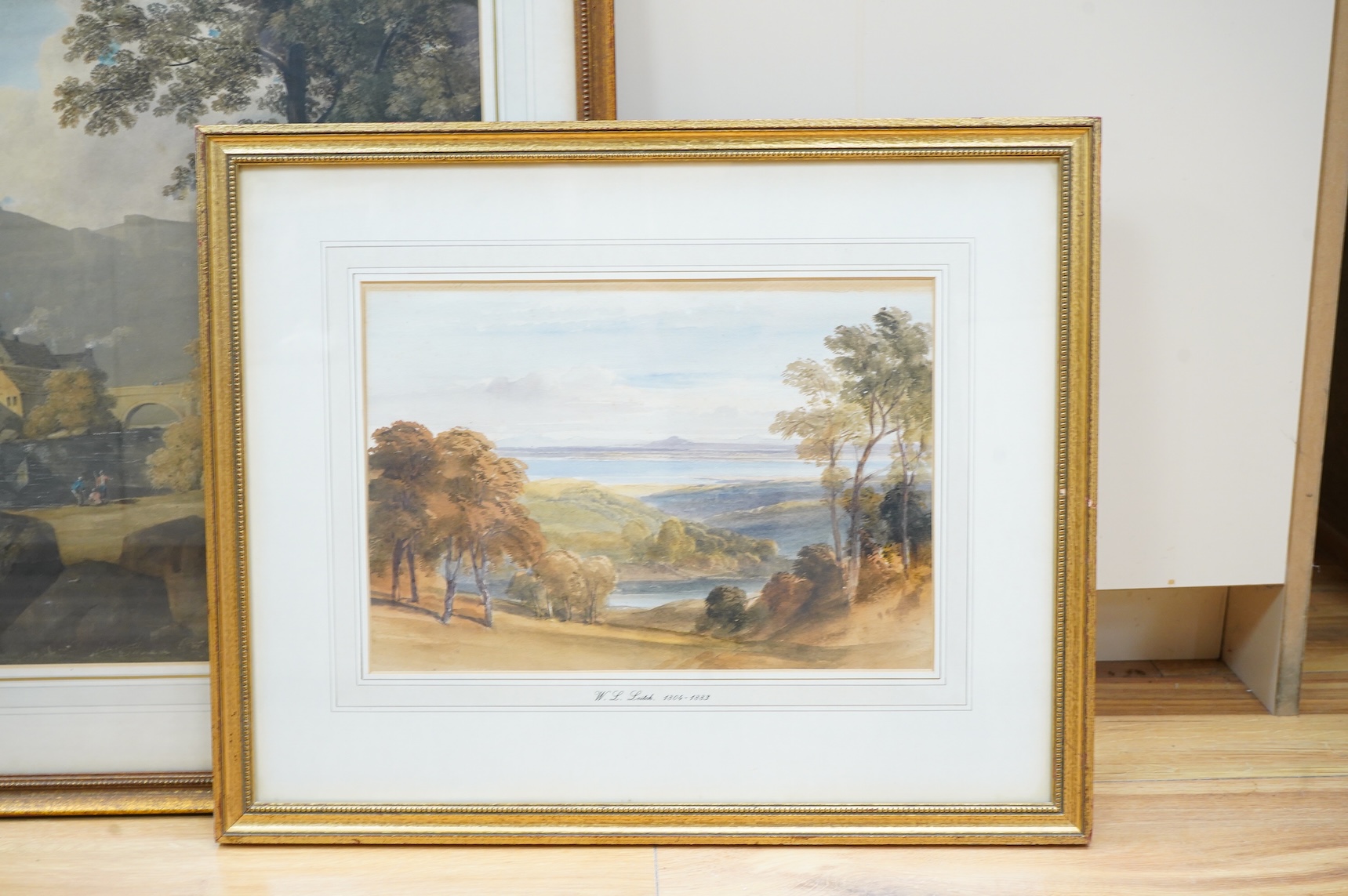 William Leighton Leitch (1804-1883), Landscape, unsigned, inscribed to the mount, together with another 19th century watercolour, Riverscape with anglers before castle walls, unsigned, largest 42 x 53cm